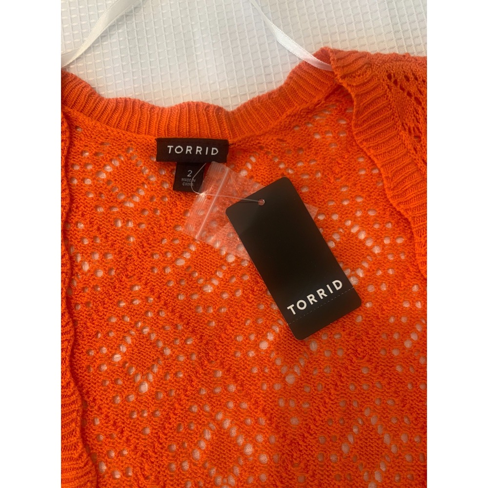 (H-237)Torrid Womens Orange Open Knit Cardigan Sweater Size 2X Plus Short Sleeve - Picture 7 of 9